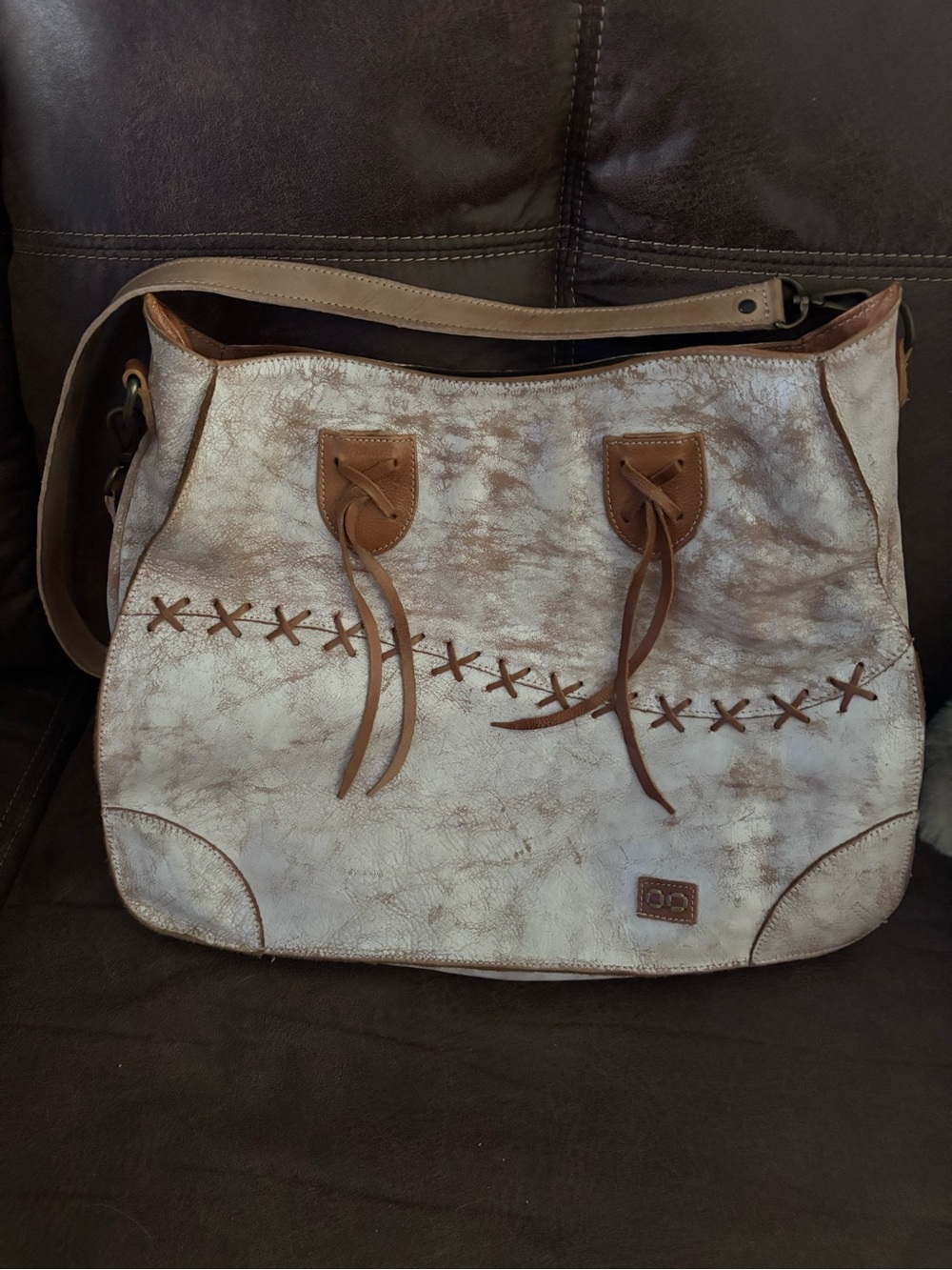 Bed Stu Cream and Brown Distressed Leather Shoulder Bag